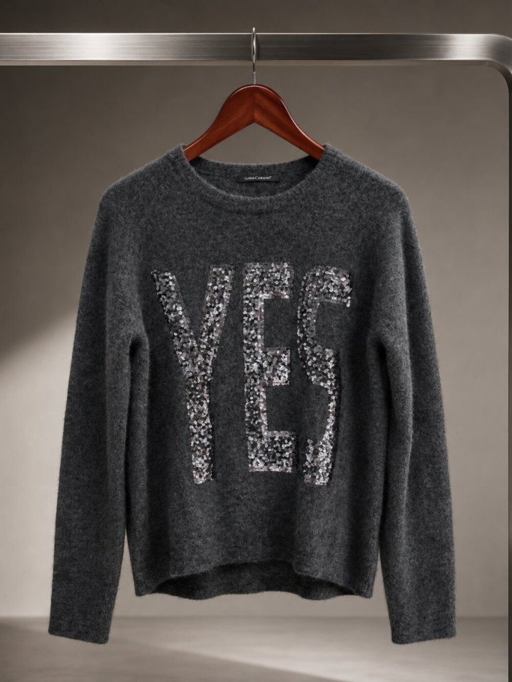 Luisa Cerano "YES" Sequin Graphic Sweater Charcoal Boiled Wool Alpaca Blend US 4